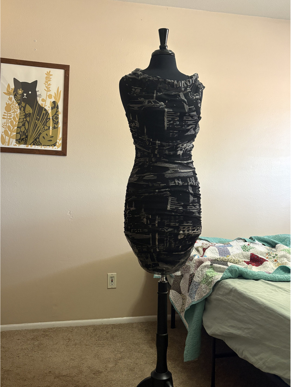 Abstract Magazine Print Ruched Bodycon Dress Y2K Grunge